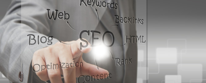 business man hand point on SEO diagram screen