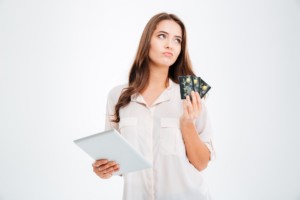 Woman with lots of credit cards