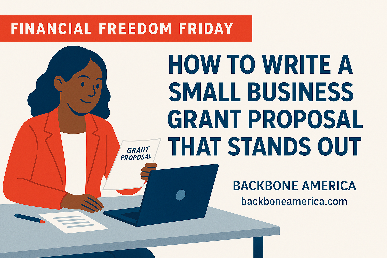 Confident Black businesswoman in red blazer writing a grant proposal at her desk.
