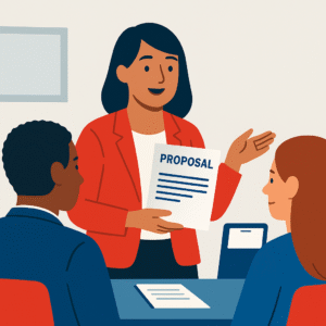 Asian woman in red blazer presenting a grant proposal to two colleagues in a meeting.