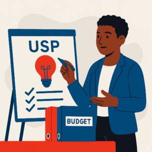 Black man in blue jacket presenting USP on a flipchart with icons.