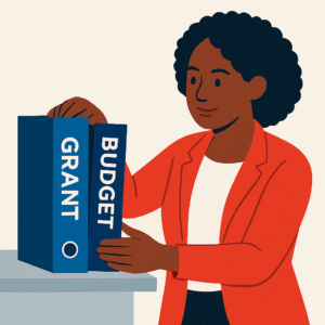 Black woman in red blazer organizing binders labeled grant and budget.