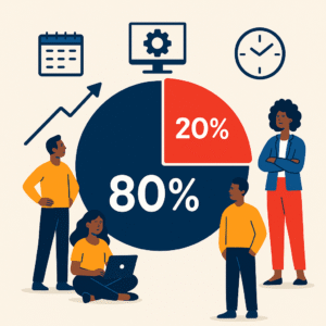 Flat-style digital illustration showing a large pie chart divided into an 80% and 20% section, surrounded by diverse entrepreneurs and business icons representing the 80/20 rule in time management and automation.