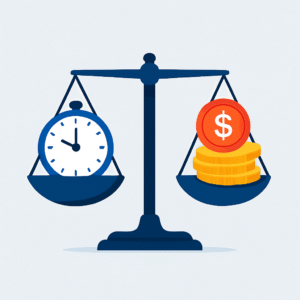 Flat-style illustration of a clock transforming into a stack of coins, symbolizing the concept of turning time into financial value in business.