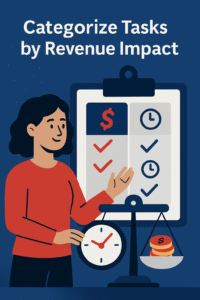 Flat-style illustration of a woman organizing tasks on a clipboard, categorizing them by revenue impact with dollar signs and clock icons, highlighting task prioritization in business.