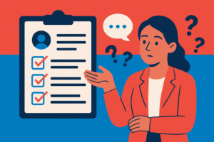 A flat-style illustration of a woman in a red blazer pointing to a clipboard with checkmarks and a speech bubble, representing early user feedback.