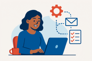 Flat-style illustration of a smiling woman with medium-dark skin working on a laptop, surrounded by icons representing automation tasks like emails and checklists.