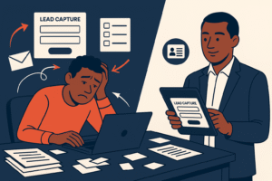 Flat-style digital illustration showing two entrepreneurs: one stressed at a cluttered desk with papers and floating task icons, the other calm and organized, managing customer data with a tablet.