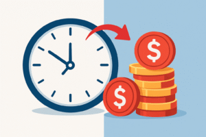 Flat-style illustration of a clock transforming into a stack of coins, symbolizing the concept of turning time into financial value in business.