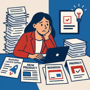 A flat-style illustration of a woman in a red blazer at a cluttered desk, overwhelmed by stacks of business papers and unfinished product drafts.