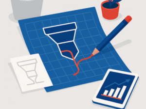 workspace with a blueprint of a funnel being customized by a pencil 