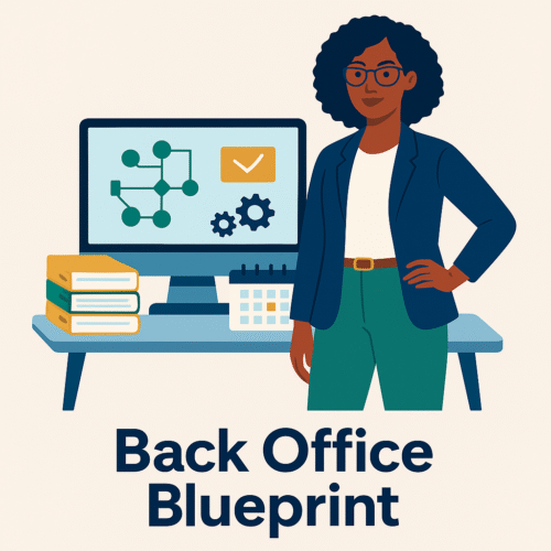 Flat-style illustration of an African American woman standing confidently next to a desk with a computer, calendar, gears, and folders. The image is titled “Back Office Blueprint.”