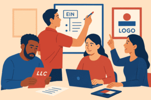 A colorful digital illustration shows four diverse entrepreneurs collaborating in an office, reviewing an EIN diagram, LLC paperwork, branding elements, and a laptop screen.