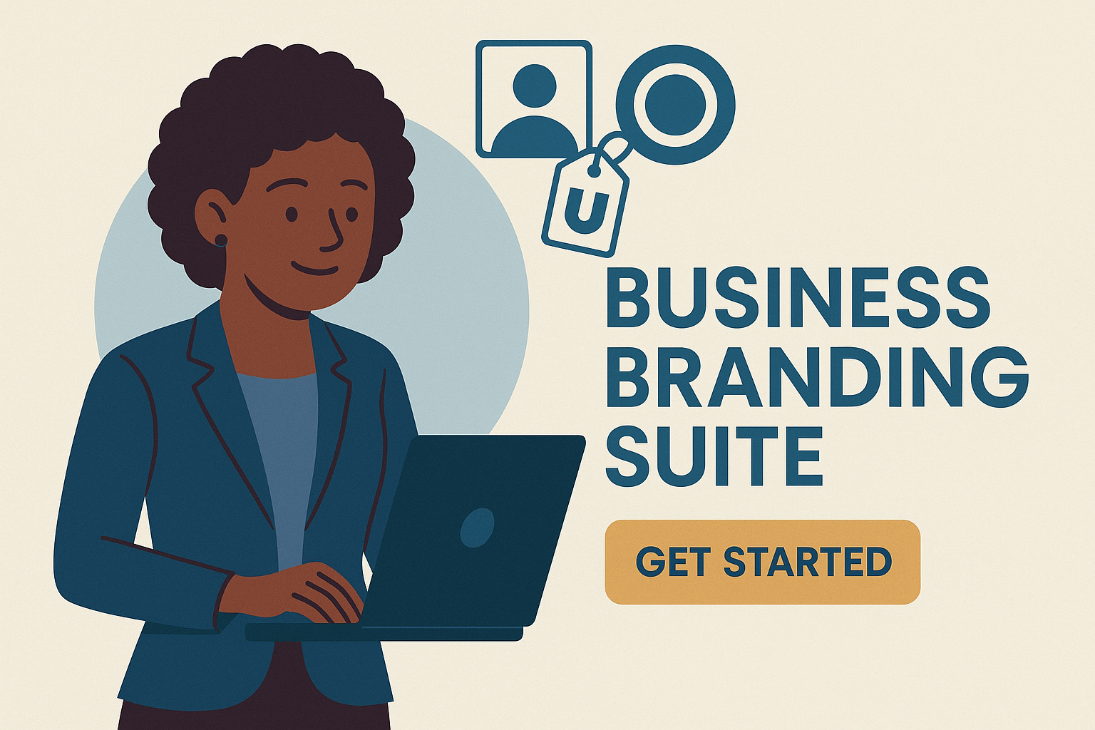 Flat-style illustration of an African American woman smiling while working on a laptop, representing the Business Branding Suite by Backbone America.