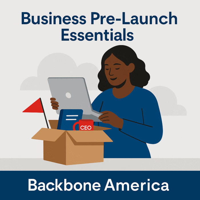 Illustration of a smiling Black woman packing a cardboard box with business essentials like a laptop, planner, and red CEO mug, representing Backbone America’s Business Pre-Launch Essentials.