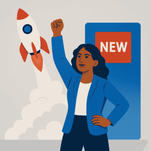 Female entrepreneur raising her fist beside a rocket launch with a “NEW” label in the background.