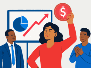 Team celebration around shared success and profit growth.
