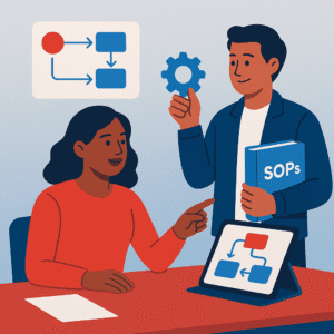  A confident woman entrepreneur  planning with clarity at her desk, pointing to a simplified process flow on her tablet.