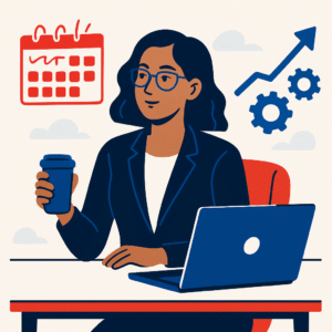 Flat-style digital illustration of a professional woman with dark skin and glasses, holding a coffee cup at her desk with a laptop, calendar, gears, and upward arrow icons in the background.