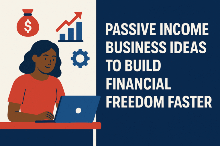Flat-style illustration of a woman with dark skin working on a laptop, surrounded by icons representing financial growth, automation, and stability. The blog title "Passive Income Business Ideas to Build Financial Freedom Faster" appears in bold white text on a navy-blue background.
