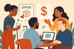 A flat-style digital illustration of four diverse entrepreneurs collaborating on offer creation, pricing, and marketing strategies at a round table.