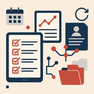 Flat-style illustration of startup essentials including a checklist, graph, folders, ID card, and a calendar, using navy blue, red, and beige tones.