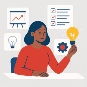 Flat-style illustration of a woman holding a glowing lightbulb while surrounded by icons representing strategy, systems, and planning.