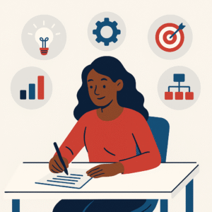 Flat-style illustration of a woman writing at a desk, surrounded by icons representing business planning, strategy, and focus.