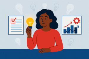 Illustration of a woman holding a glowing lightbulb surrounded by charts and checklist icons, representing strategic business idea validation.