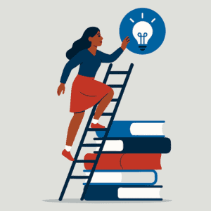 Woman climbing a ladder placed against a stack of books, reaching toward a lightbulb symbol.