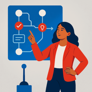 Businesswoman gesturing to a flowchart diagram showing strategy and decision points.