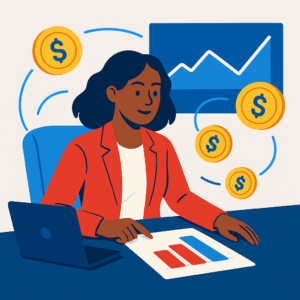 Woman in a red blazer reviewing financial charts at her desk with dollar coins floating around and a line graph in the background.
