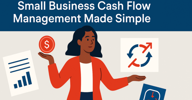 Woman in red blazer holding a dollar symbol in one hand and gesturing toward a cyclical cash flow chart.
