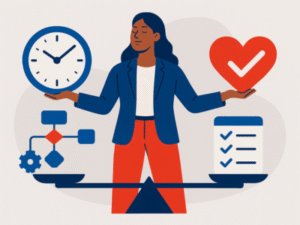 Woman giving a thumbs-up next to a flip chart with a rising red arrow and business plan text.
