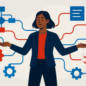 Woman in a navy blazer smiling with arms extended, surrounded by icons of workflow automation and heart-shaped efficiency.