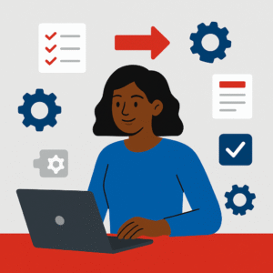 Flat design illustration of a Black woman working at a laptop, surrounded by workflow icons like gears, checklists, and arrows, against a light gray background.