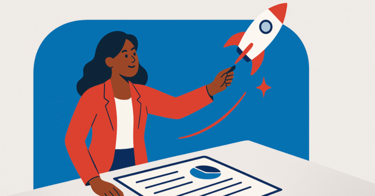 woman in a red blazer holding a rocket above a business plan document