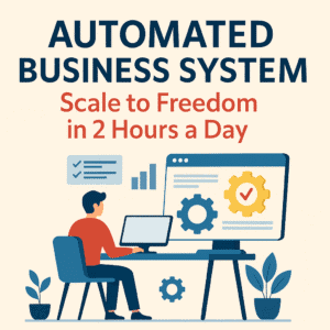 Illustration of a man sitting at a desk using a computer with gears and charts on the screen, representing an automated business system and the Scale to Freedom course.