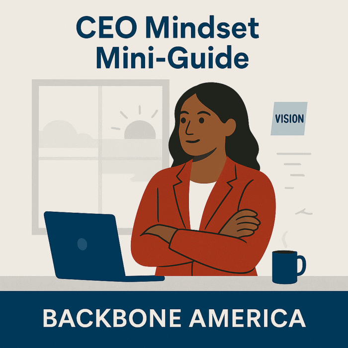 Illustration of a confident Black woman in a red blazer seated at a desk with folded arms, gazing toward a rising sun outside a window, with a sticky note labeled “VISION” on the wall—representing Backbone America’s CEO Mindset Mini-Guide.