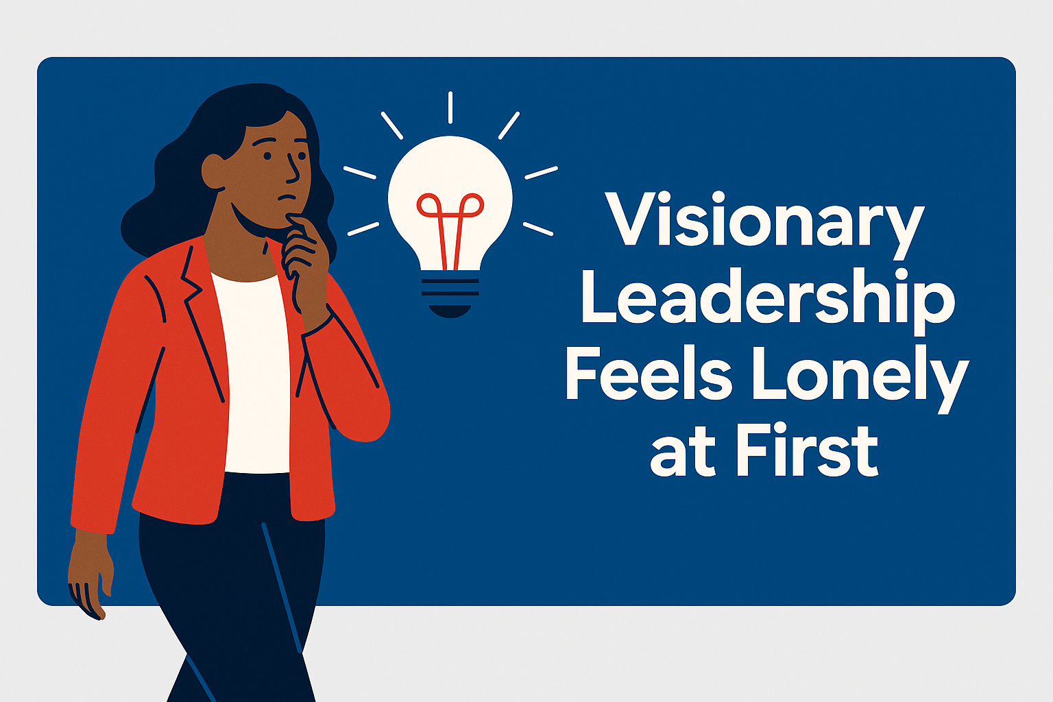 Flat-style illustration of a confident businesswoman standing boldly with a bright idea lightbulb above her, symbolizing the breakthrough moments of visionary leadership.