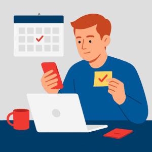 Flat-style illustration of a young woman checking her laptop with focus, symbolizing self-paced course accountability check-ins.