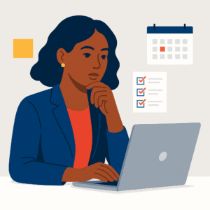 Flat-style illustration of an African American woman browsing course options online, symbolizing the decision-making process of choosing a small business course.