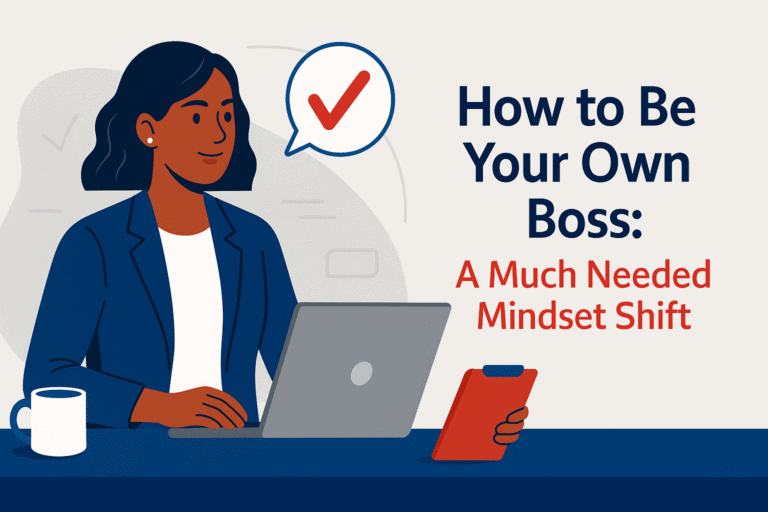 Flat illustration of a confident Black woman standing in a leadership pose, symbolizing entrepreneurship and independence, aligned with the blog title “How to Be Your Own Boss"