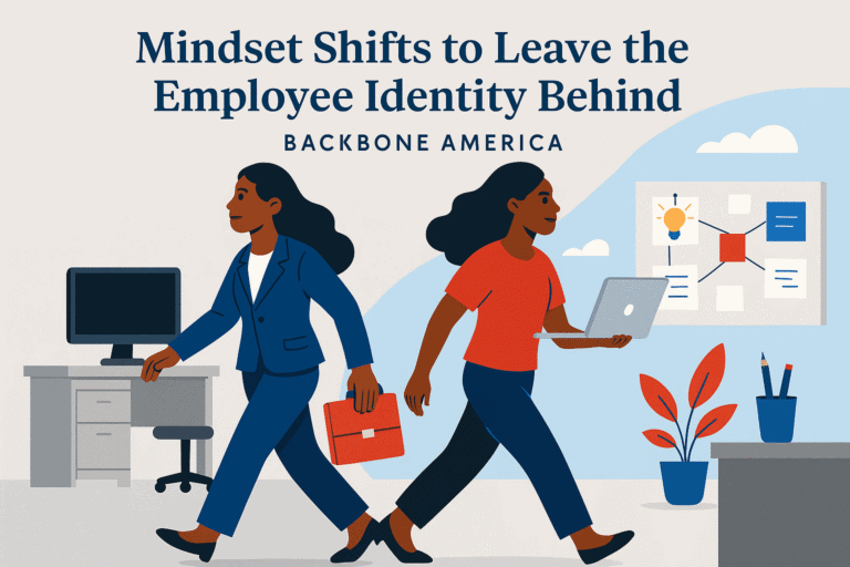 Flat-style digital illustration of a confident Black woman in business attire thoughtfully reviewing a strategy board. Represents shifting from employee mindset to entrepreneurial leadership. Editorial style, clean background, brand colors navy, red, blue, gray, and white.