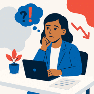 Asian woman sitting at desk, facing forward with a thoughtful expression.