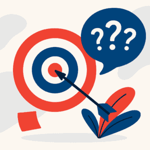 Red and blue bullseye with arrow, speech bubble with question marks, and sticky note on a beige background.