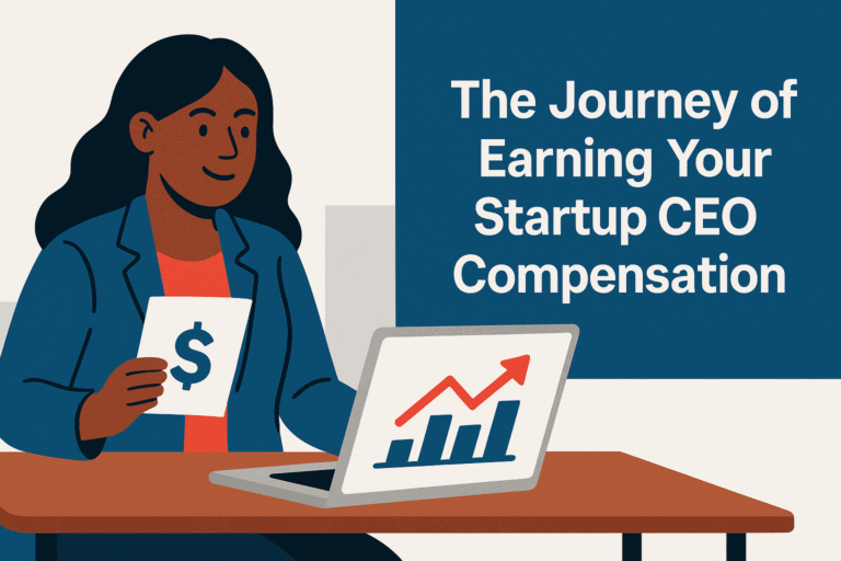Flat illustration of a confident Black woman entrepreneur reviewing financial reports, symbolizing startup CEO compensation and financial planning.