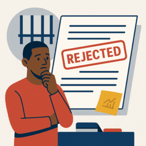 Illustration of a formerly incarcerated man preparing to apply for a business grant, symbolizing second chances and entrepreneurial purpose.