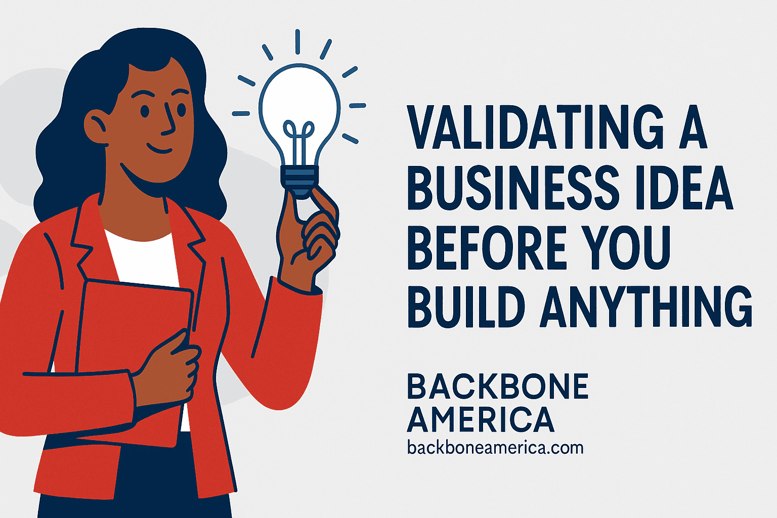 Confident woman reviewing business idea with gear icons and lightbulb illustration in background.