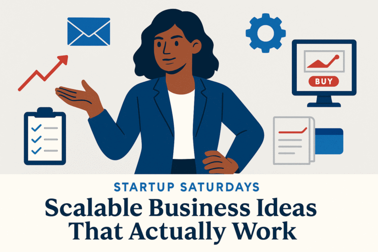 Flat-style digital illustration of a confident Black woman business owner planning growth strategies, supporting a blog titled “Scalable Business Ideas That Actually Work” by Backbone America.